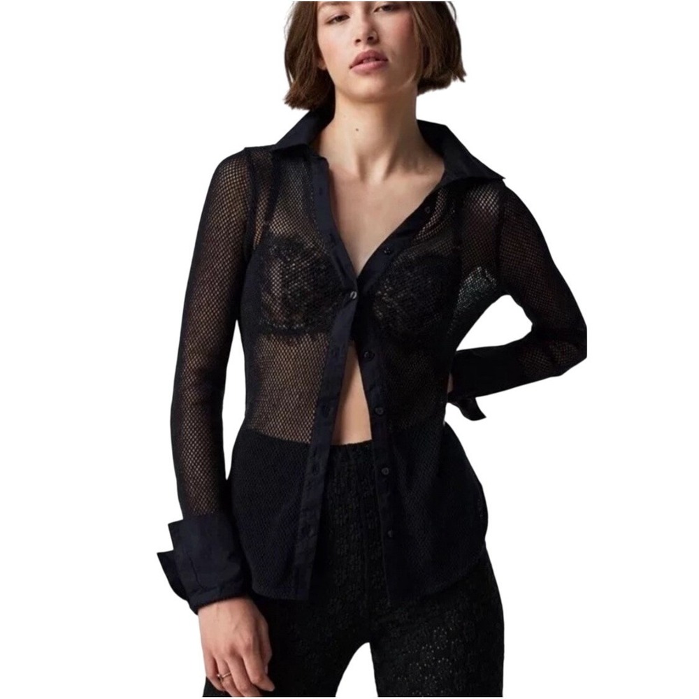 Free People Sheer Black Mesh Button-Down Shirt